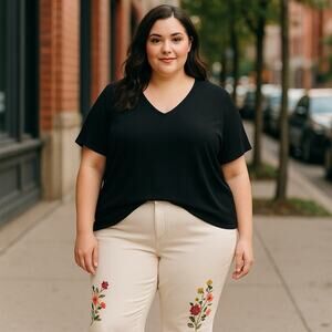 Chico’s Top NWT Women's Size 4 (2X) Black Liquid Knit Pleated Side V-neck Tee